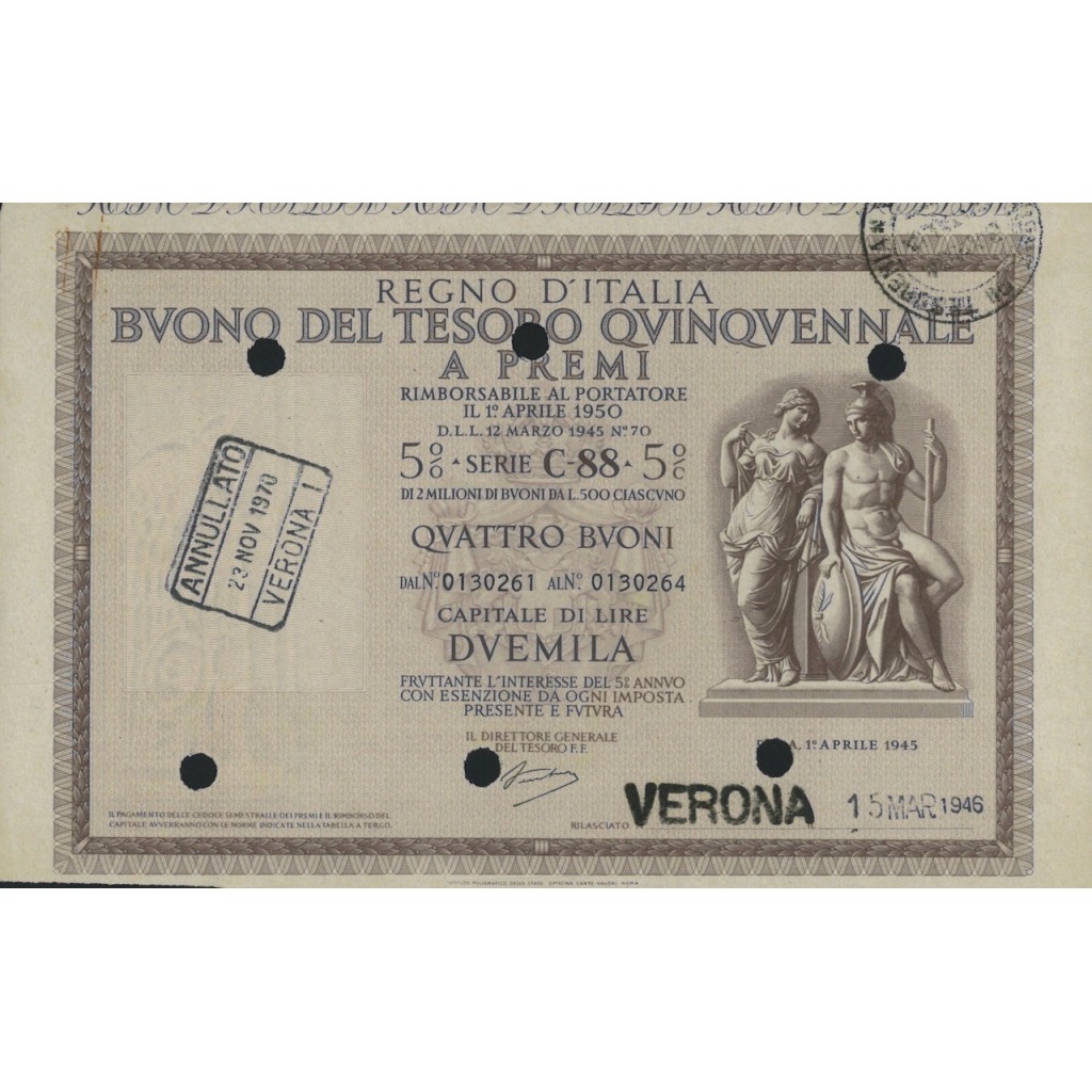 BUONO DEL TESORO QUINQUENNALE - SERIE C88 VERONA 1946
