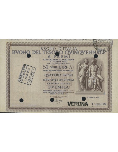 BUONO DEL TESORO QUINQUENNALE - SERIE C88 VERONA 1946