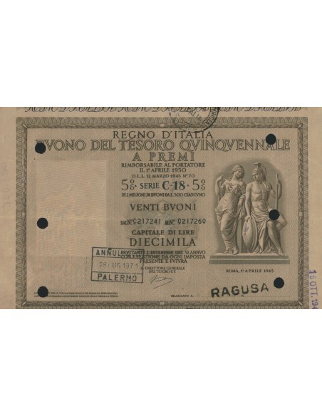 BUONO DEL TESORO QUINQUENNALE - SERIE C18 RAGUSA 1945