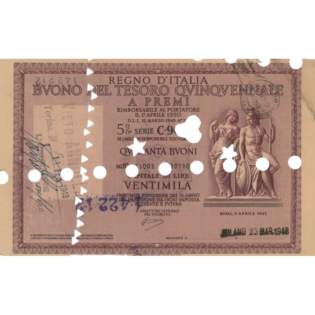 BUONO DEL TESORO QUINQUENNALE - SERIE C90 MILANO 1946