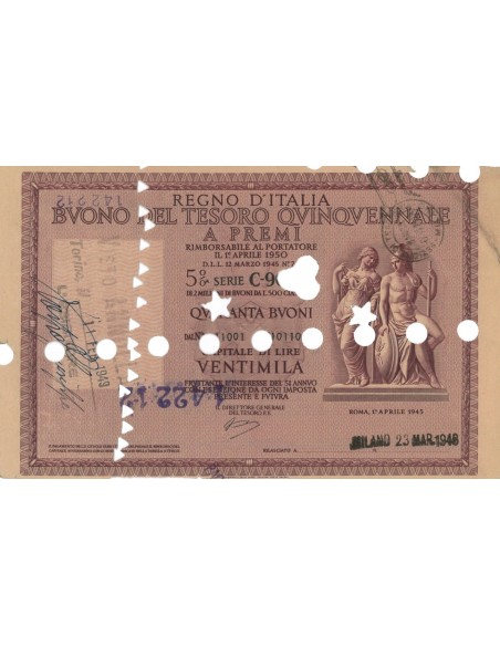 BUONO DEL TESORO QUINQUENNALE - SERIE C90 MILANO 1946