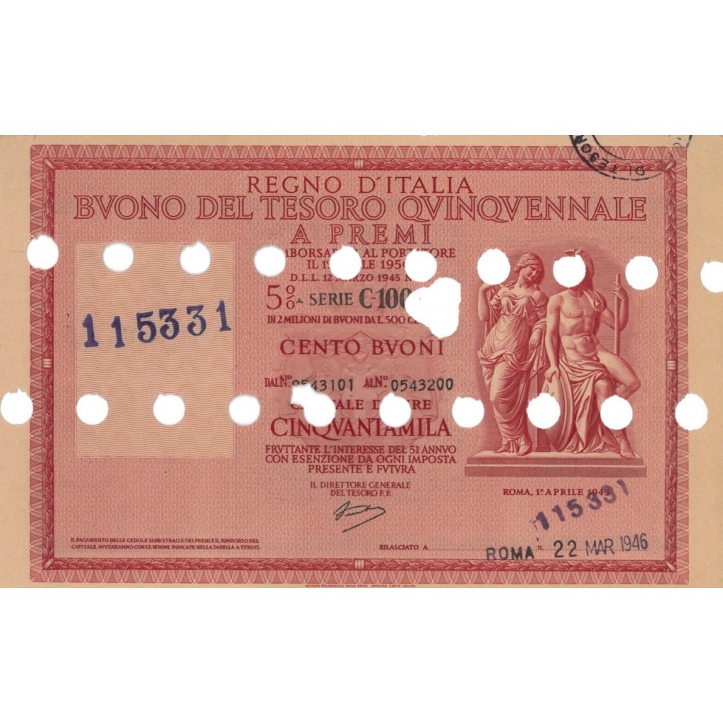 BUONO DEL TESORO QUINQUENNALE - SERIE C100 ROMA 1946