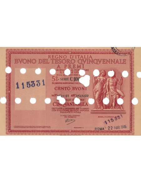 BUONO DEL TESORO QUINQUENNALE - SERIE C100 ROMA 1946