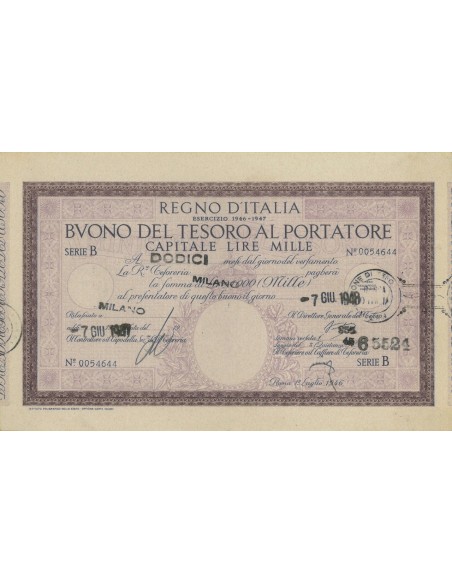 BUONO DEL TESORO MILLE LIRE - SERIE B MILANO 1947