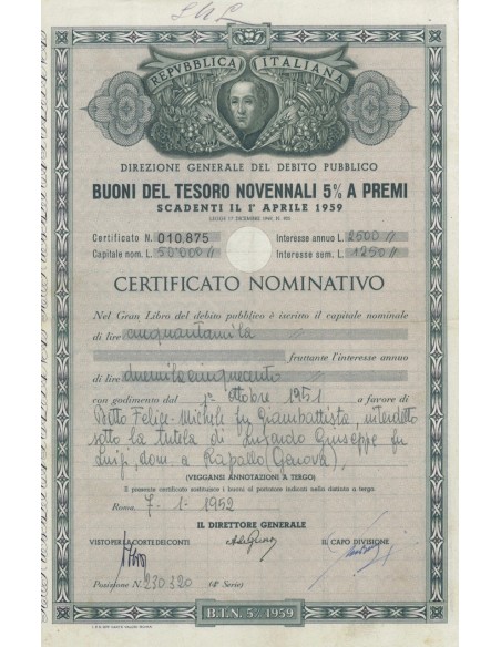 BTP NOVENNALE CERT. NOMINATIVO - ROMA 1952