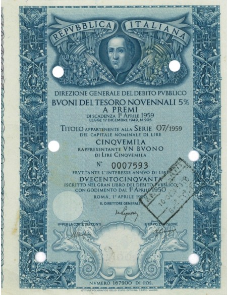 BTP NOVENNALE SERIE 07/1959 - 5000 LIRE ROMA 1950