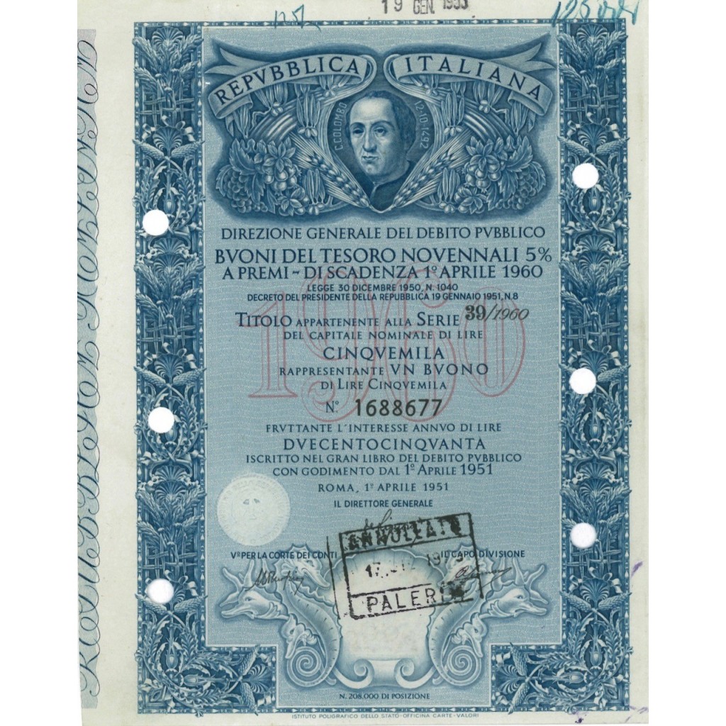 BTP NOVENNALE SERIE 39/1960 - 250000 LIRE ROMA 1951