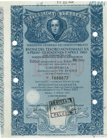 BTP NOVENNALE SERIE 39/1960 - 250000 LIRE ROMA 1951