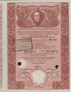 BTP NOVENNALE SERIE 42/1960 - 10000 LIRE ROMA 1951