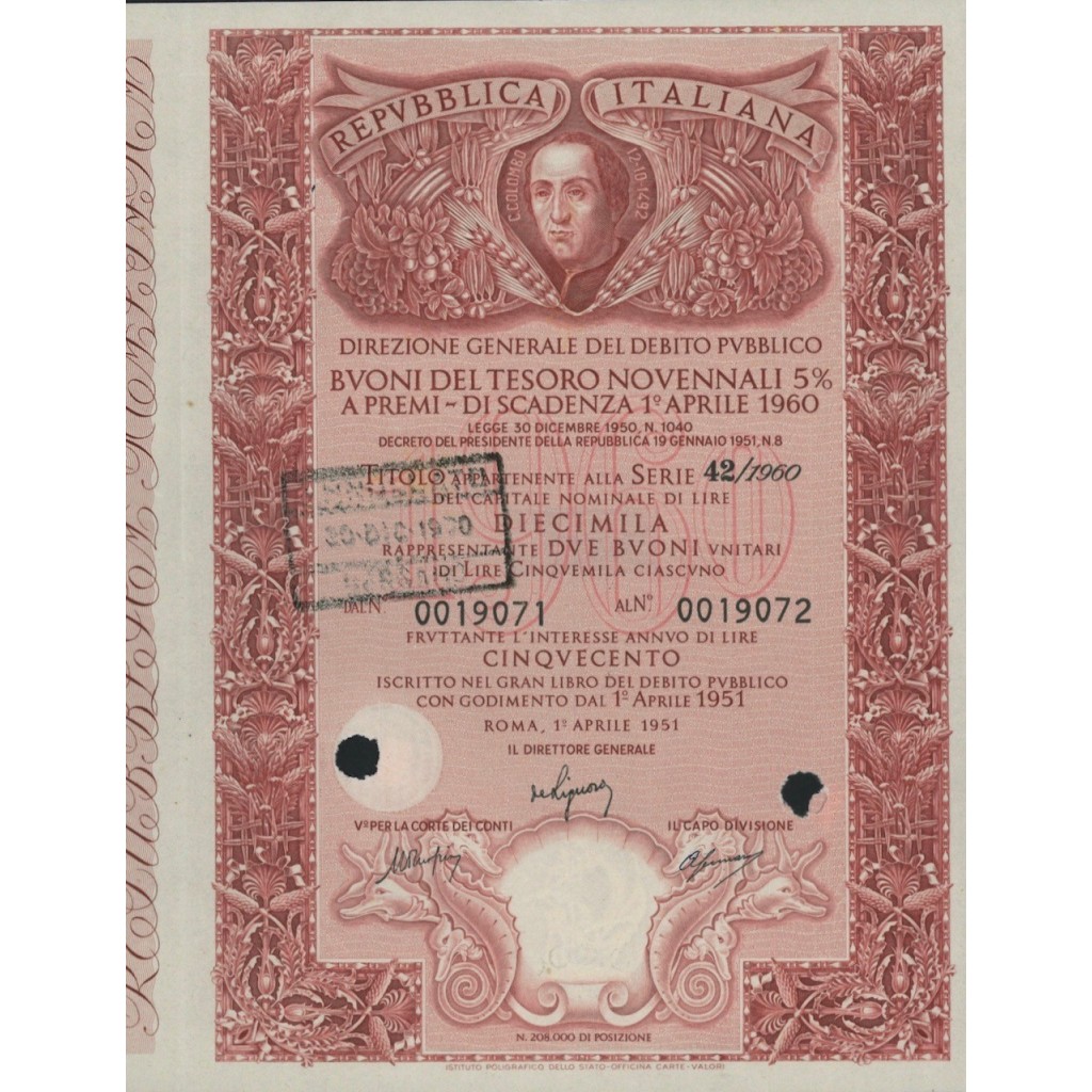 BTP NOVENNALE SERIE 42/1960 - 10000 LIRE ROMA 1951