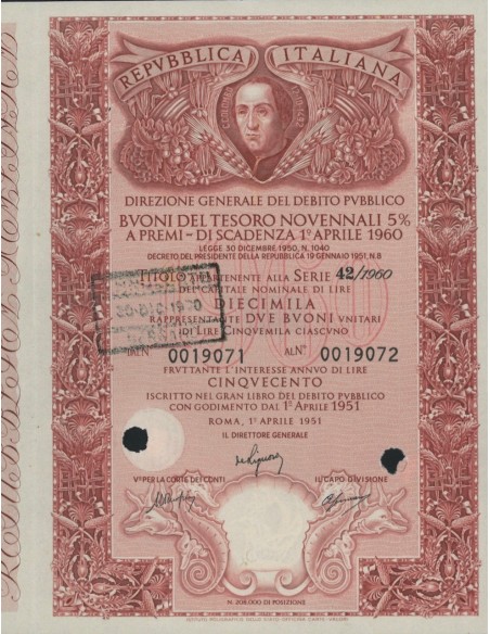 BTP NOVENNALE SERIE 42/1960 - 10000 LIRE ROMA 1951