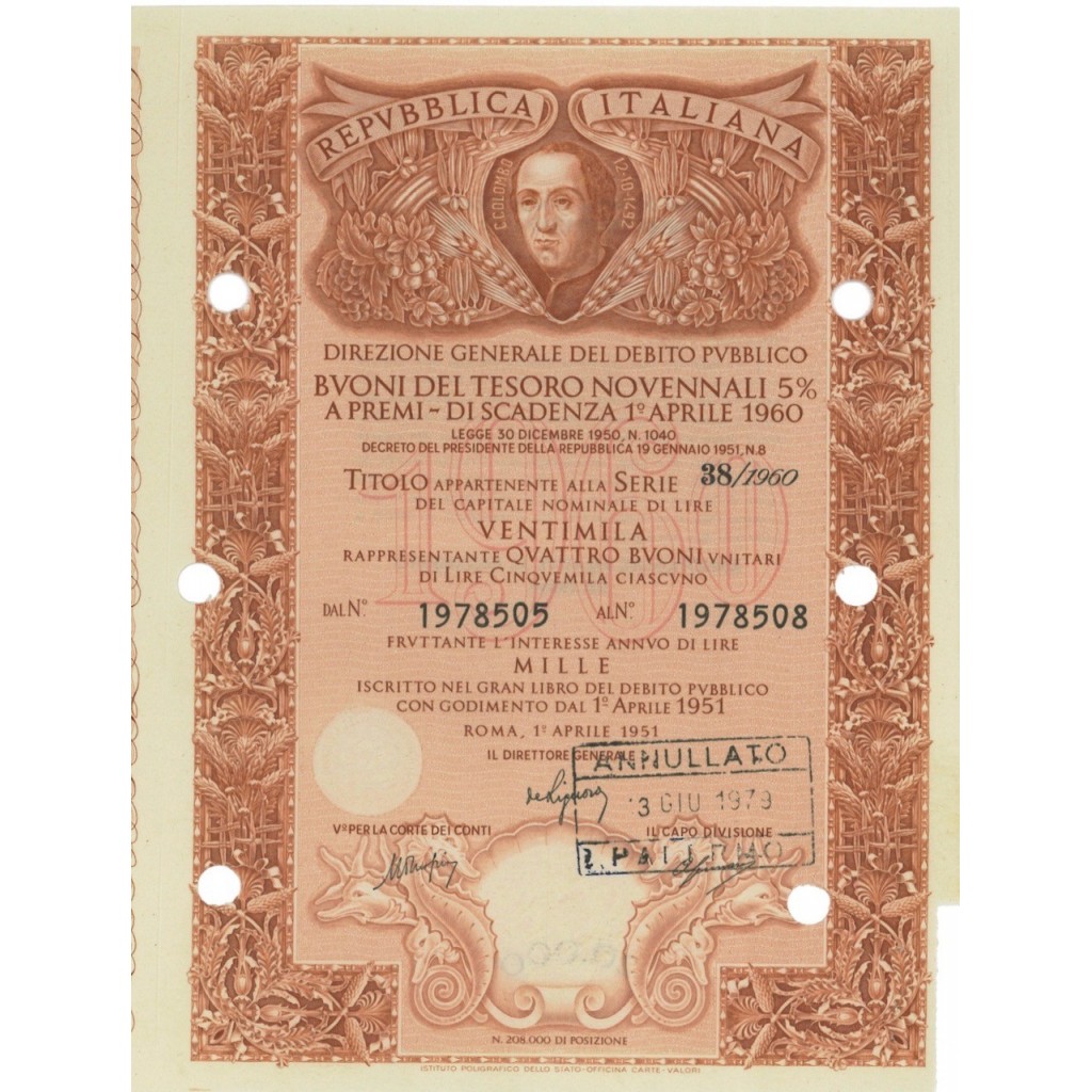 BTP NOVENNALE SERIE 38/1960 - 20000 LIRE ROMA 1951