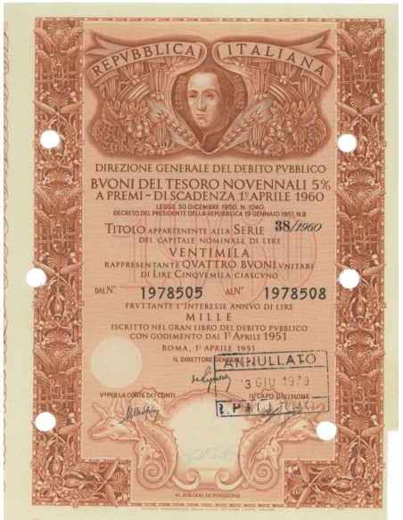 BTP NOVENNALE SERIE 38/1960 - 20000 LIRE ROMA 1951