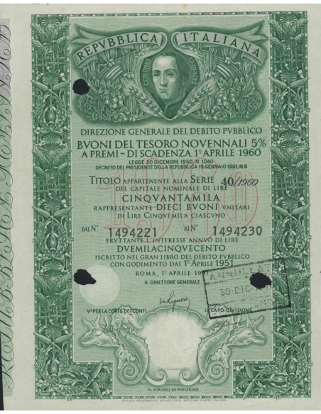 BTP NOVENNALE SERIE 40/1960 - 50000 LIRE ROMA 1951