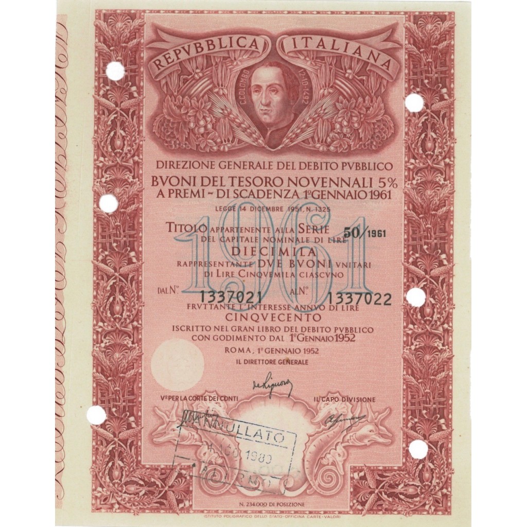 BTP NOVENNALE SERIE 50/1961 - 10000 LIRE ROMA 1952