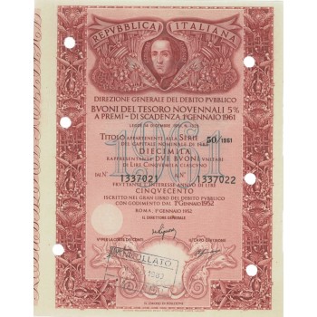 BTP NOVENNALE SERIE 50/1961 - 10000 LIRE ROMA 1952