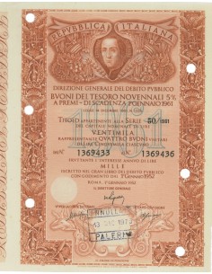 BTP NOVENNALE SERIE 50/1961 - 20000 LIRE ROMA 1952