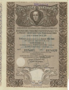 BTP NOVENNALE SERIE 45/1961 - 100000 LIRE ROMA 1952