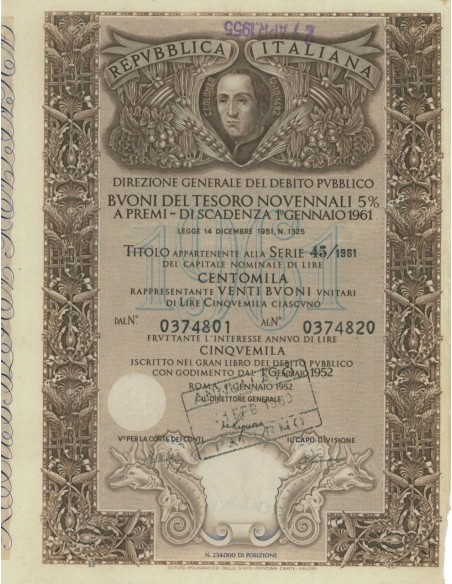 BTP NOVENNALE SERIE 45/1961 - 100000 LIRE ROMA 1952