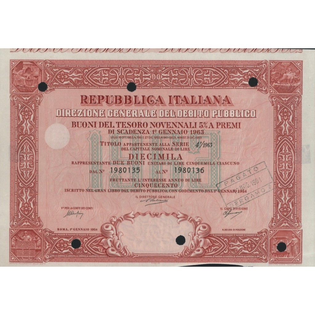 BTP NOVENNALI SERIE 04/1963 - 10000 LIRE ROMA 1954
