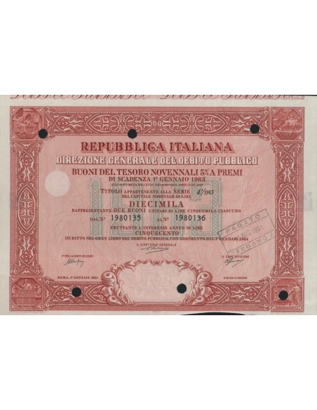 BTP NOVENNALI SERIE 04/1963 - 10000 LIRE ROMA 1954