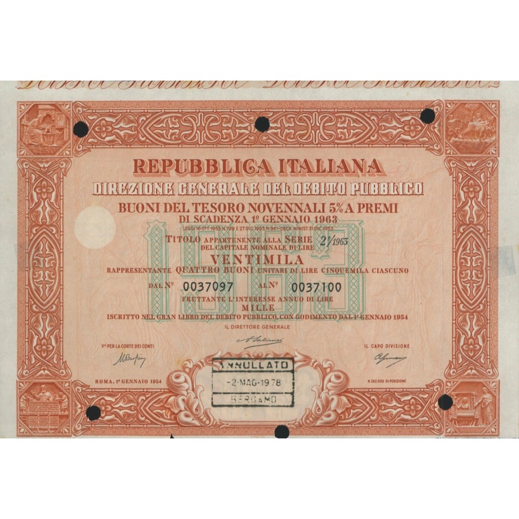 BTP NOVENNALI SERIE 02/1963 - 20000 LIRE ROMA 1954
