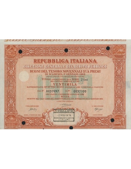 BTP NOVENNALI SERIE 02/1963 - 20000 LIRE ROMA 1954