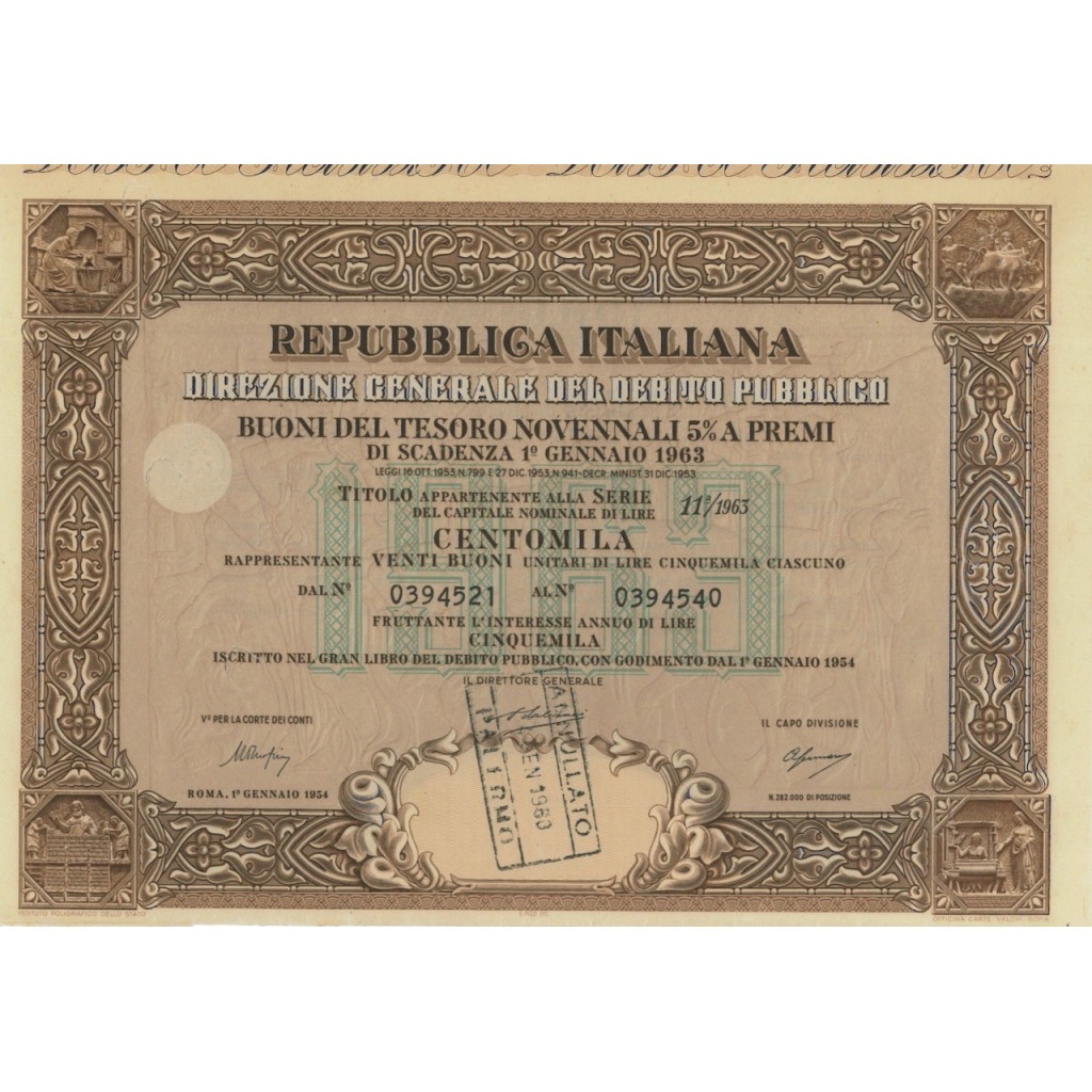 BTP NOVENNALI SERIE 11/1963 - 100000 LIRE ROMA 1954