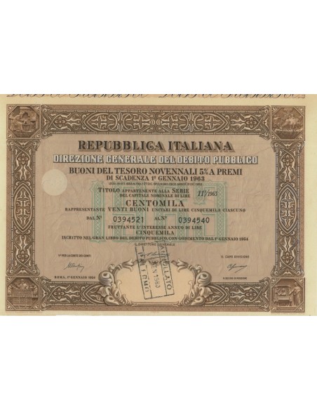 BTP NOVENNALI SERIE 11/1963 - 100000 LIRE ROMA 1954