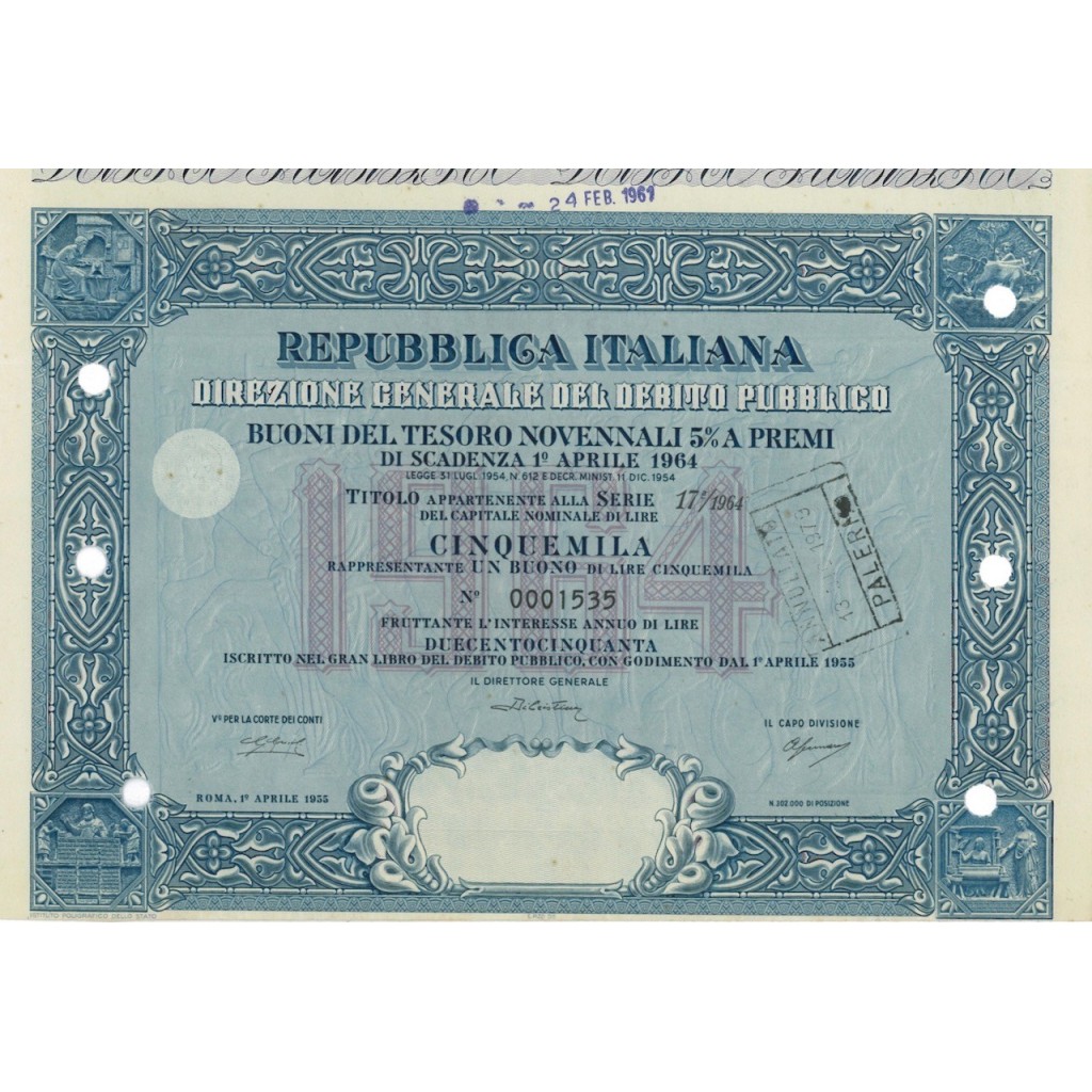 BTP NOVENNALI SERIE 17/1964 - 5000 LIRE ROMA 1955