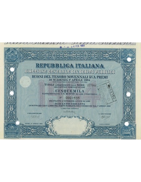 BTP NOVENNALI SERIE 17/1964 - 5000 LIRE ROMA 1955