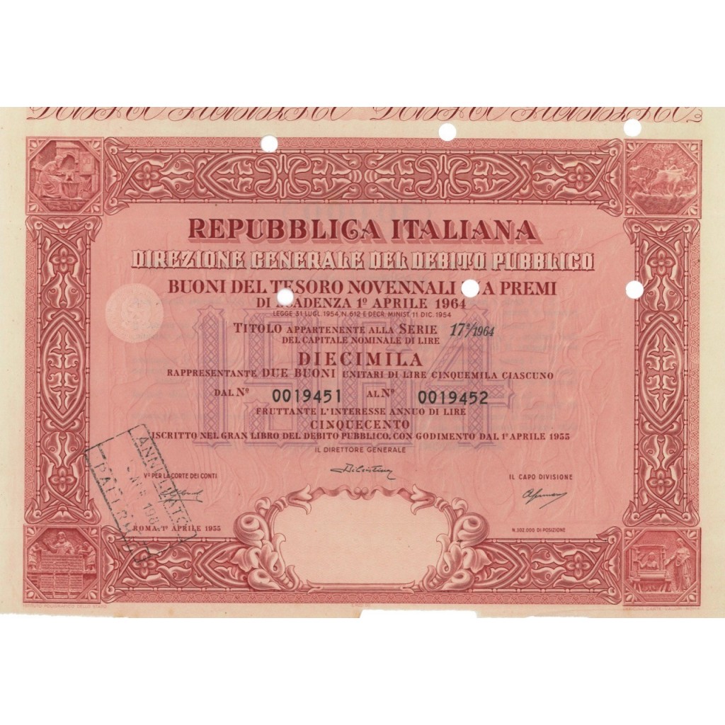 BTP NOVENNALI SERIE 17/1964 - 10000 LIRE ROMA 1955