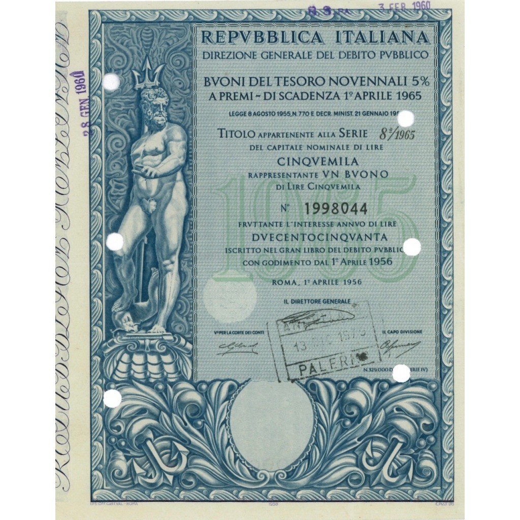 BTP NOVENNALI SERIE 08/1965 - 5000 LIRE ROMA 1956