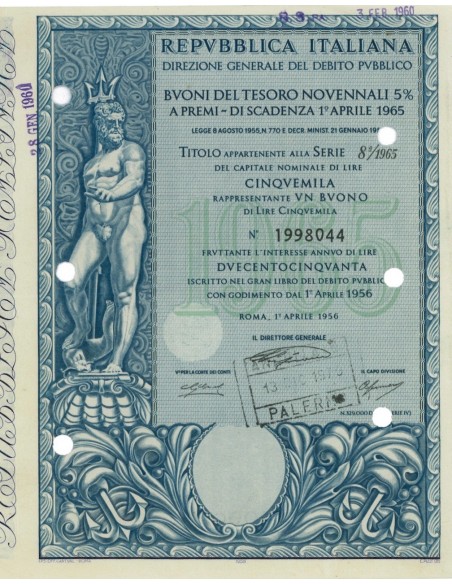 BTP NOVENNALI SERIE 08/1965 - 5000 LIRE ROMA 1956
