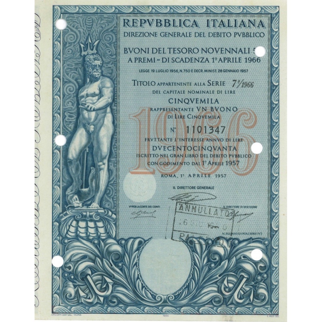 BTP NOVENNALI SERIE 07/1966 - 5000 LIRE ROMA 1957