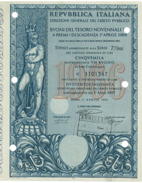 BTP NOVENNALI SERIE 07/1966 - 5000 LIRE ROMA 1957