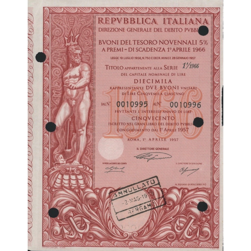 BTP NOVENNALI SERIE 01/1966 - 10000 LIRE ROMA 1957