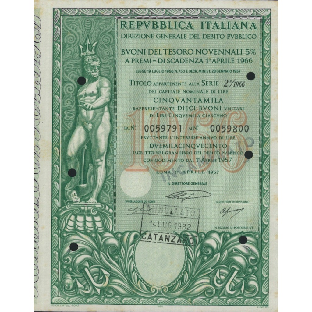 BTP NOVENNALI SERIE 02/1966 - 50000 LIRE ROMA 1957