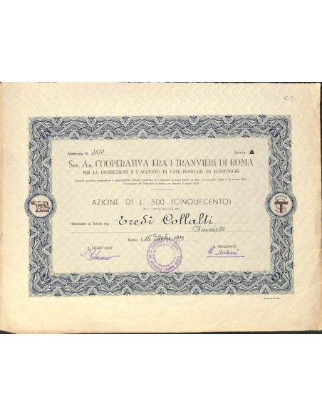 SOC. AN. COOP. FRA I TRANVIERI DI ROMA AZIONE DI 500 LIRE - ROMA 1990