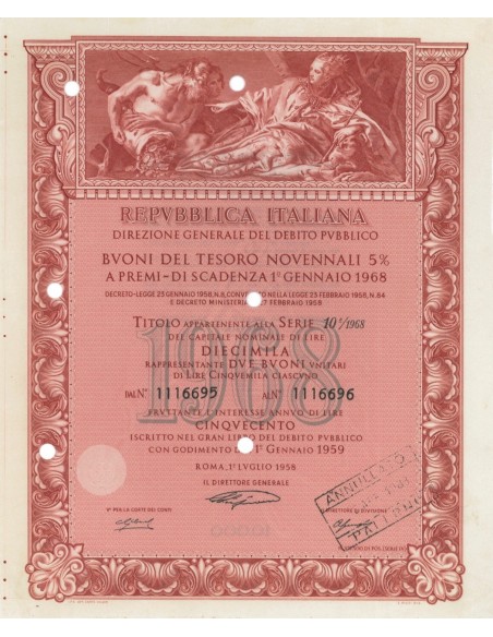 BTP NOVENNALI SERIE 10/1968 - 10000 LIRE ROMA 1958