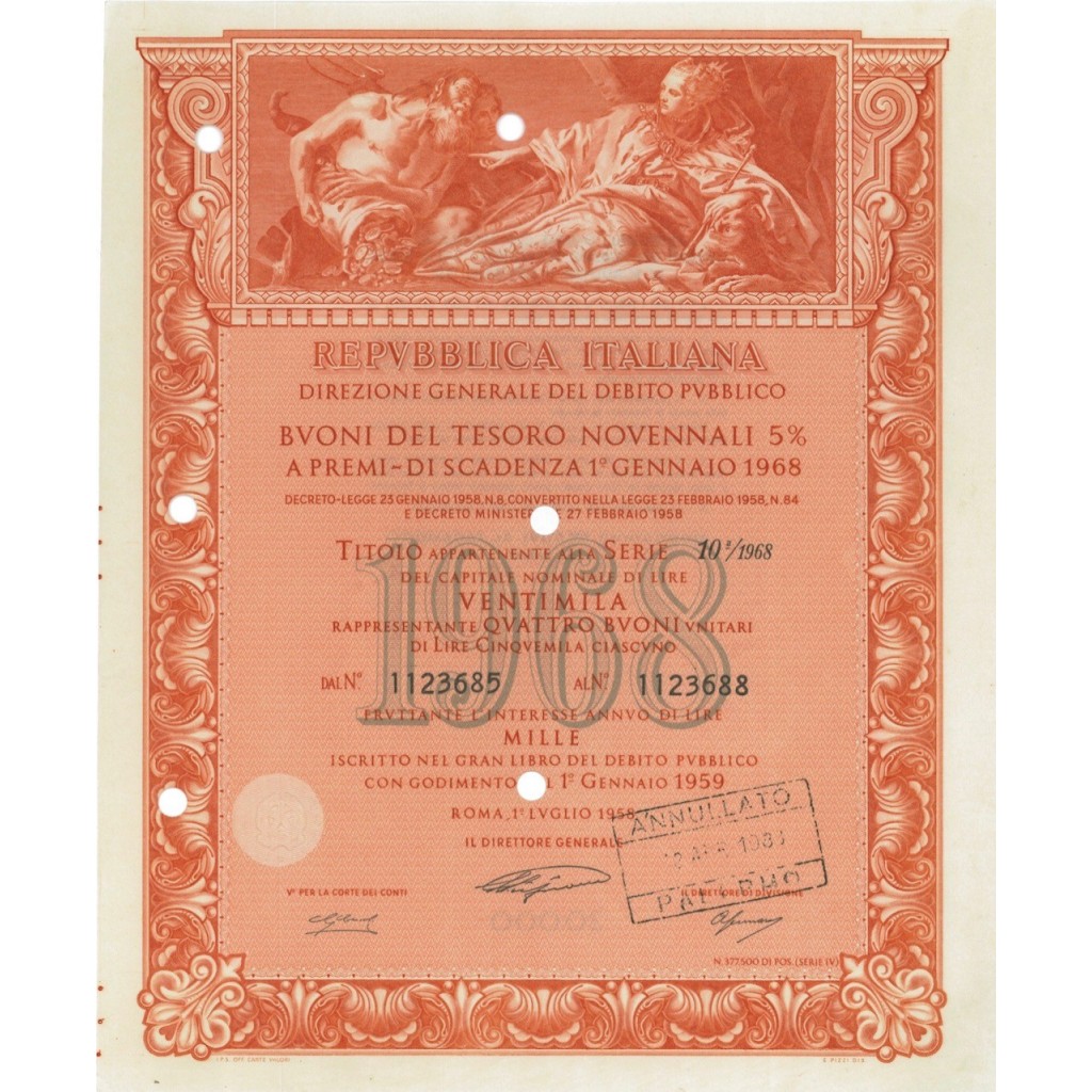 BTP NOVENNALI SERIE 10/1968 - 20000 LIRE ROMA 1958
