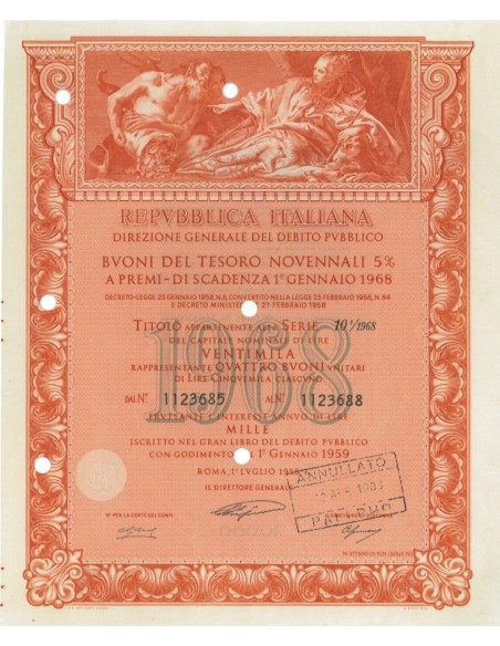BTP NOVENNALI SERIE 10/1968 - 20000 LIRE ROMA 1958