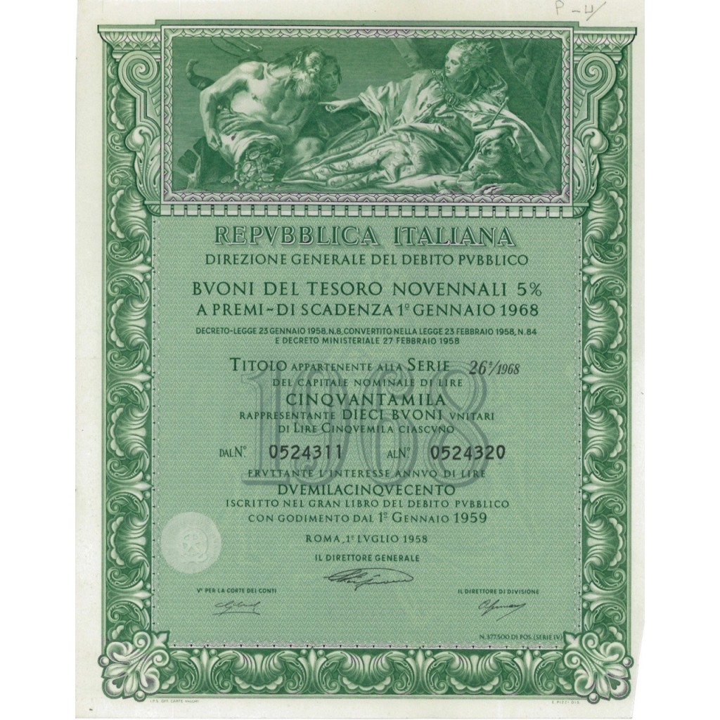 BTP NOVENNALI SERIE 26/1968 - 50000 LIRE ROMA 1958