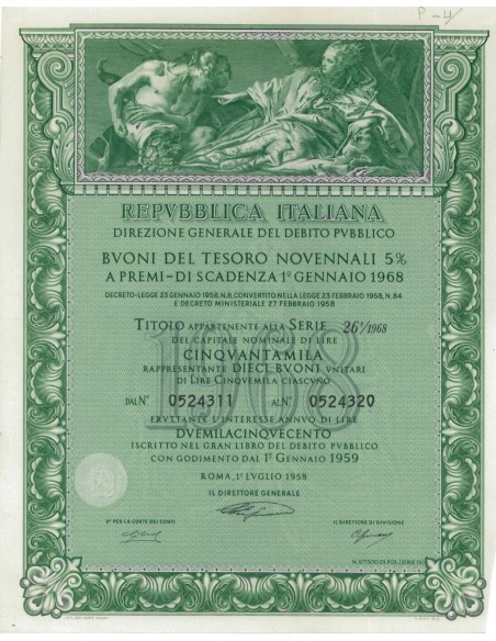 BTP NOVENNALI SERIE 26/1968 - 50000 LIRE ROMA 1958