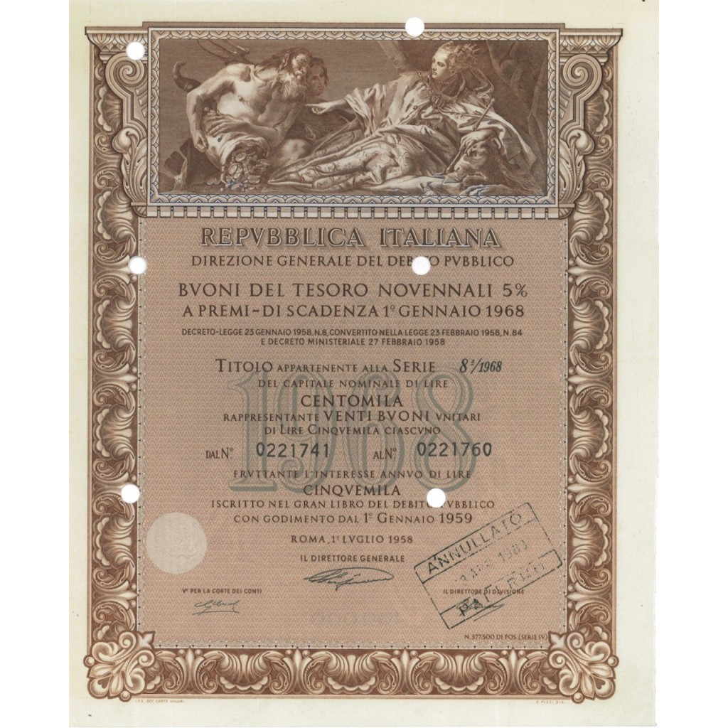 BTP NOVENNALI SERIE 08/1968 - 100000 LIRE ROMA 1958