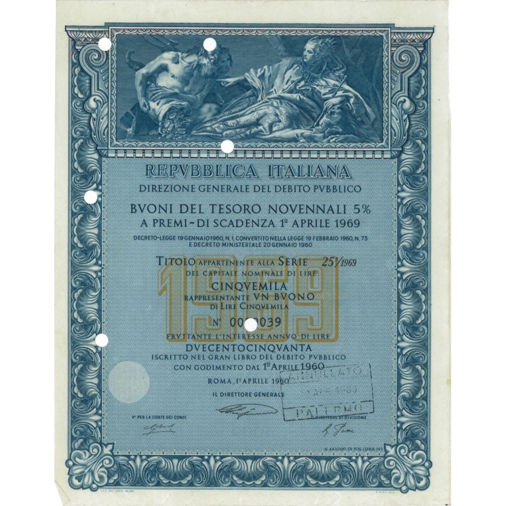 BTP NOVENNALI SERIE 25/1969 - 5000 LIRE ROMA 1960