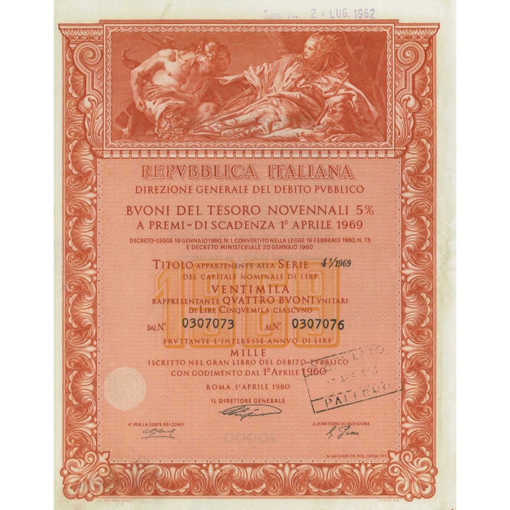 BTP NOVENNALI SERIE 04/1969 - 20000 LIRE ROMA 1960