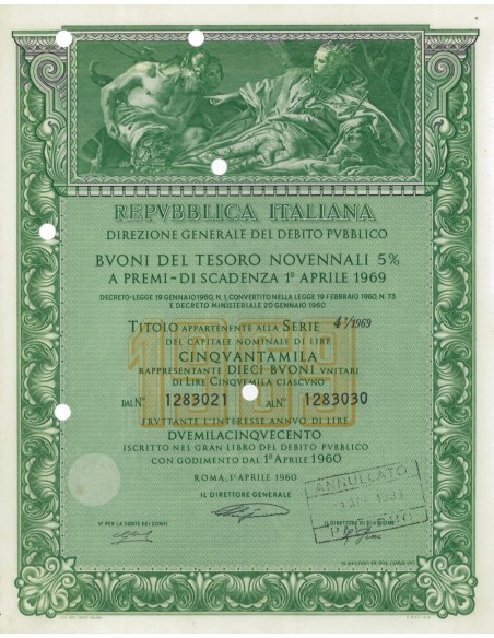 BTP NOVENNALI SERIE 04/1969 - 50000 LIRE ROMA 1960