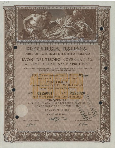 BTP NOVENNALI SERIE 18/1969 - 100000 LIRE ROMA 1960