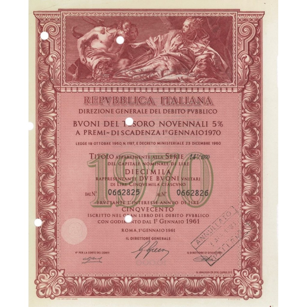BTP NOVENNALI SERIE 14/1970 - 10000 LIRE ROMA 1961